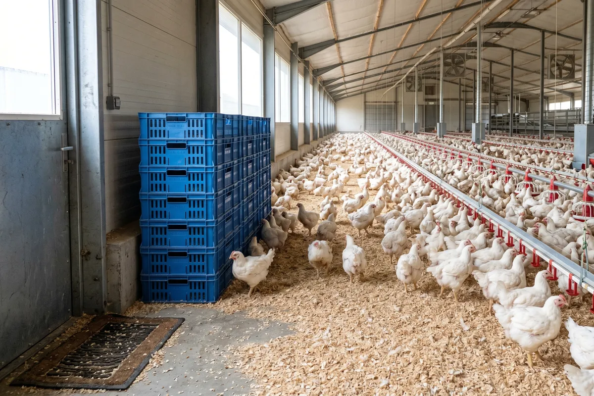 Poulailler rempli de poulets de chair blancs avec caisses de transport bleues