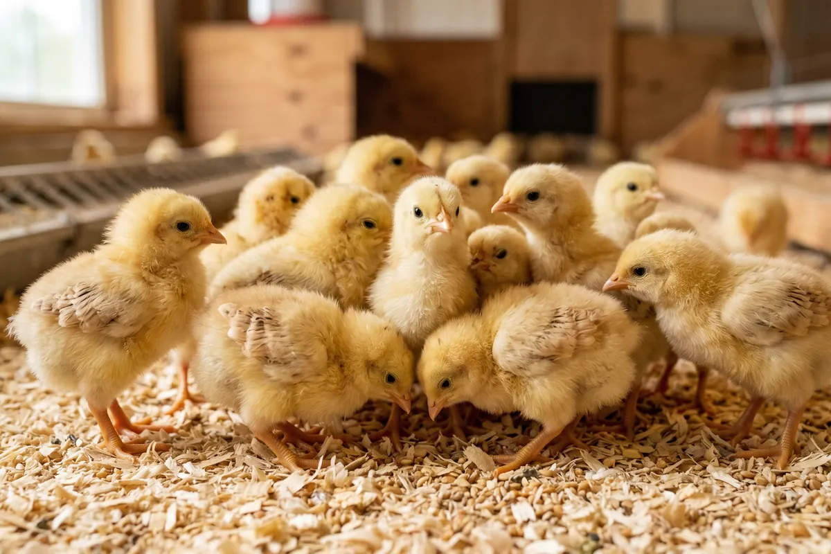 Jeunes poussins dans un poulailler propre