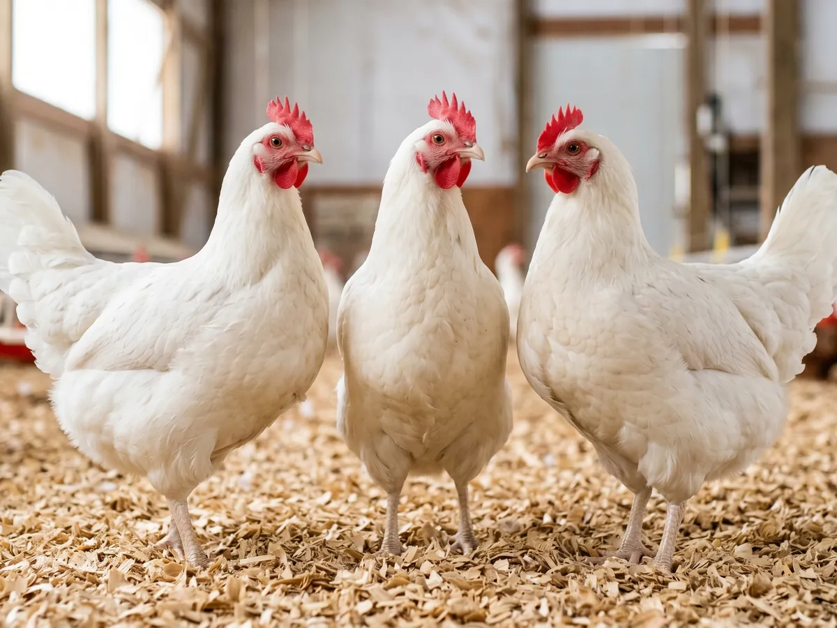 Poules blanches adultes dans un poulailler clair et propre